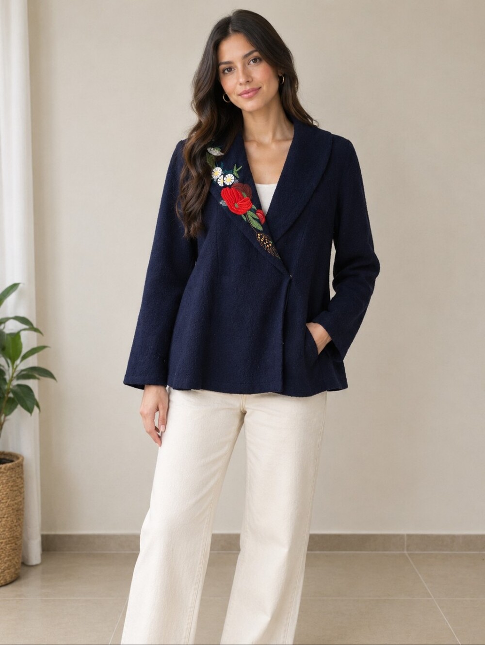 Angel Of The North Navy Embroidered Shawl-Collar Blazer 100%wool